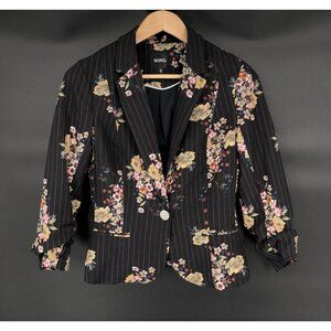 Xoxo Womens Floral Pinstripe Blazer Size M Black Ruched 3/4 Sleeves Y2k Office